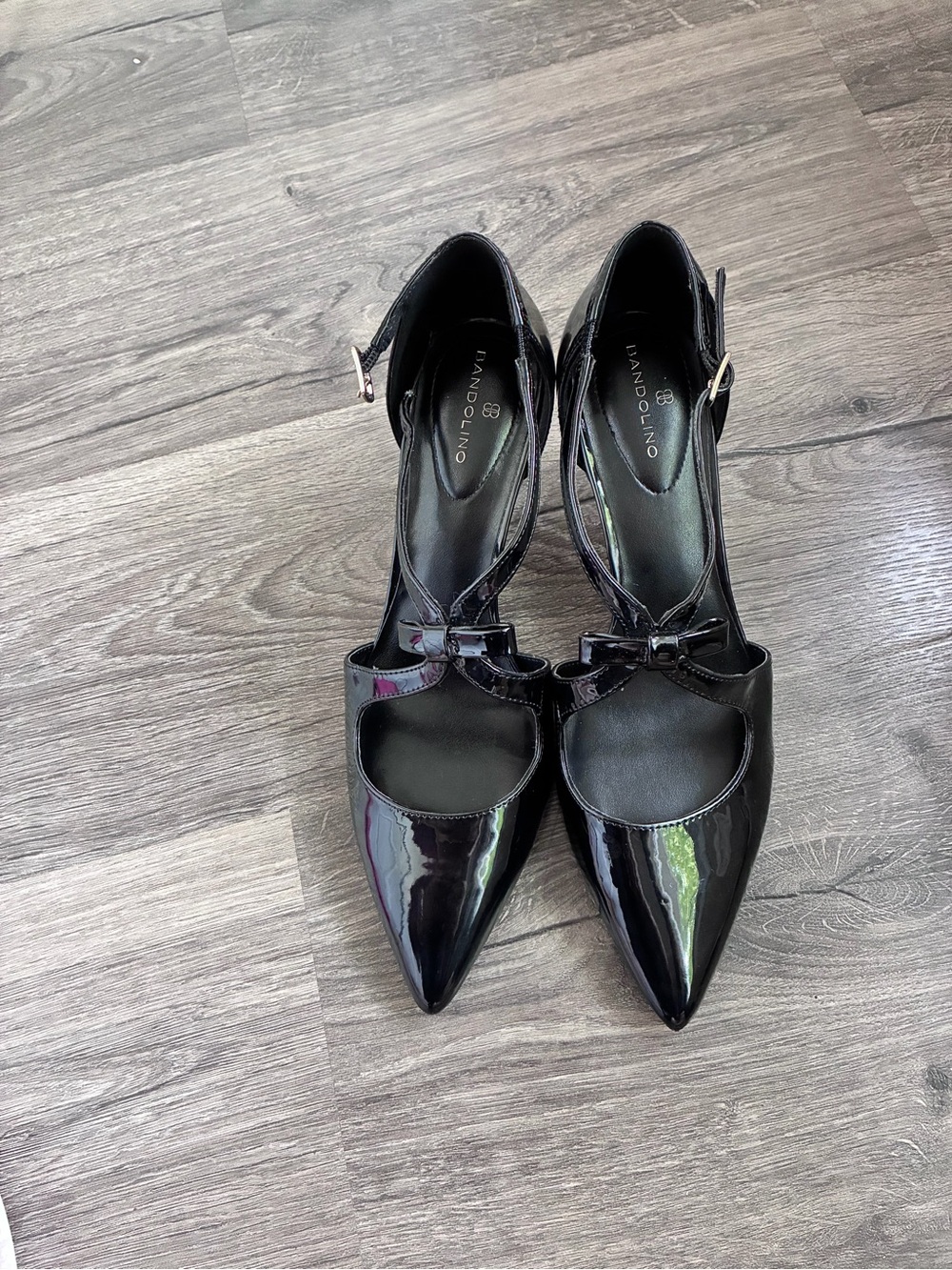 Bandolino Black Patent Pointed-Toe Mary Jane Heels with Bow